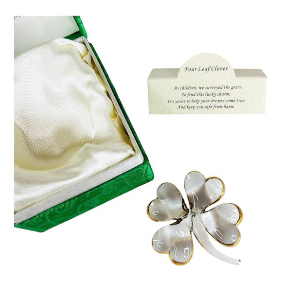 VTG Glass Four Leaf CLOVER CHARM Blessing Shamrock Figurine In Box Gold Detail - Picture 6 of 8